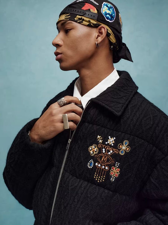 YADcrew x MEDM Cable Knit Pearl Embroidered Puffer Jacket | Face 3 Face