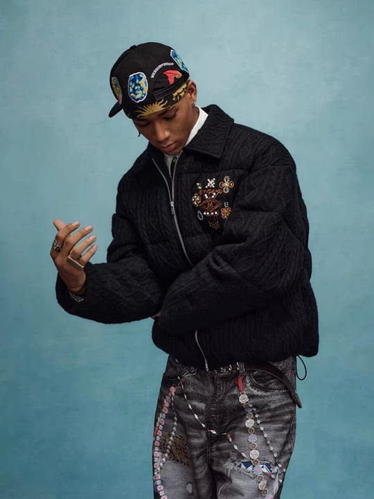 YADcrew x MEDM Cable Knit Pearl Embroidered Puffer Jacket | Face 3 Face