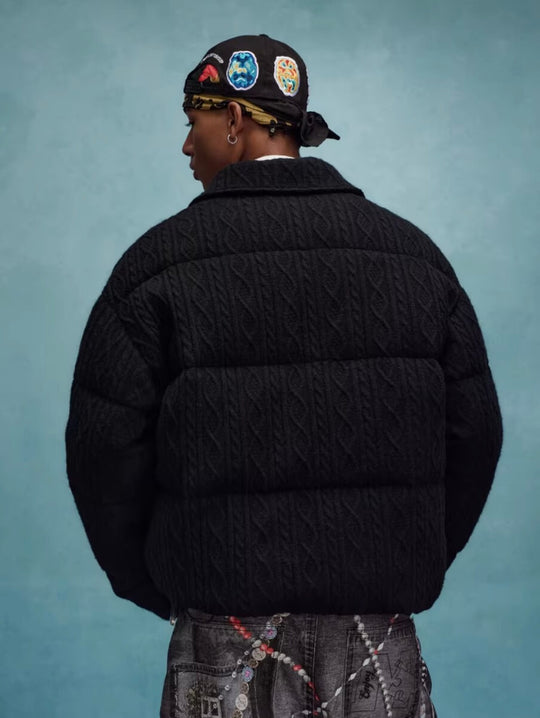 YADcrew x MEDM Cable Knit Pearl Embroidered Puffer Jacket | Face 3 Face