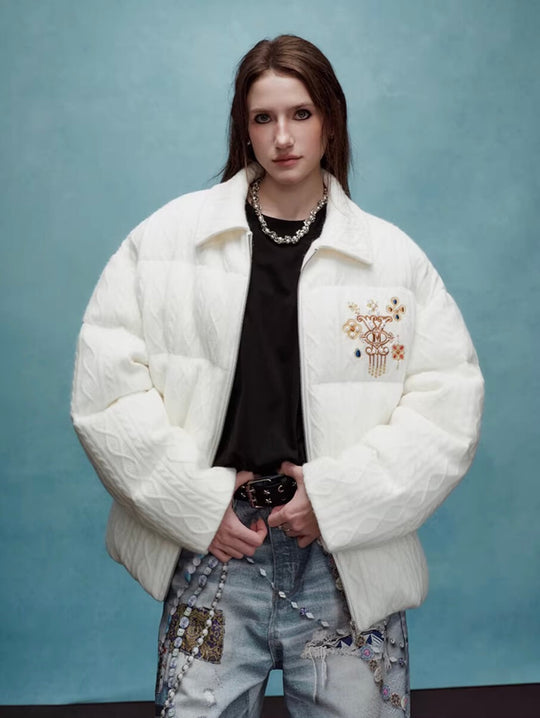 YADcrew x MEDM Cable Knit Pearl Embroidered Puffer Jacket | Face 3 Face