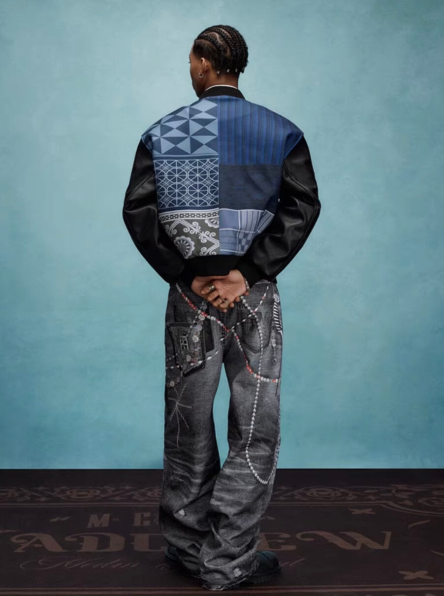 YADcrew x MEDM Patchwork Ethnic Pattern Varsity Jacket | Face 3 Face