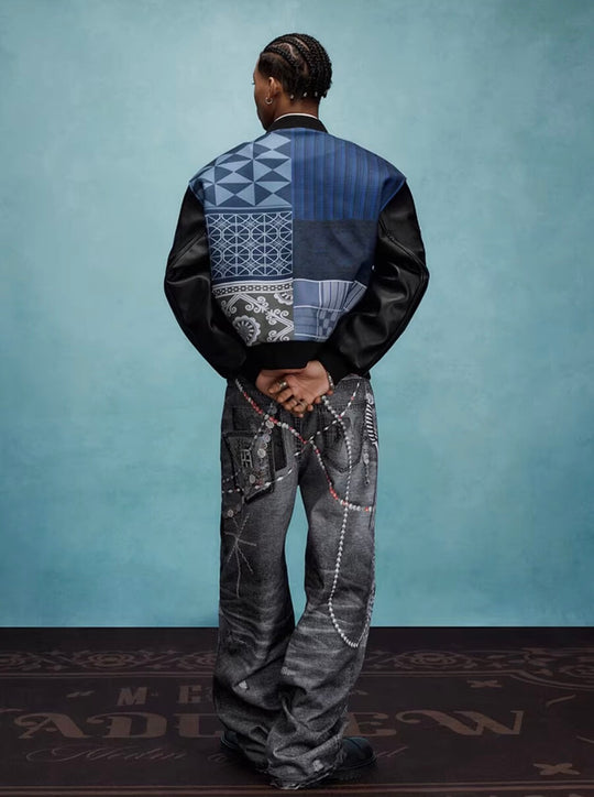 YADcrew x MEDM Patchwork Ethnic Pattern Varsity Jacket | Face 3 Face