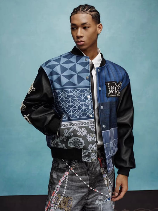 YADcrew x MEDM Patchwork Ethnic Pattern Varsity Jacket | Face 3 Face
