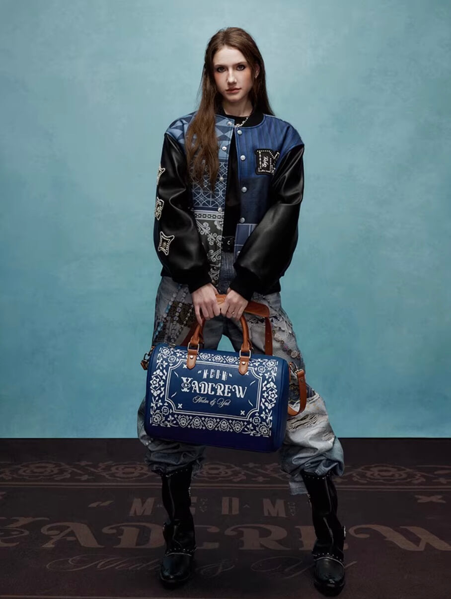 YADcrew x MEDM Patchwork Ethnic Pattern Varsity Jacket | Face 3 Face