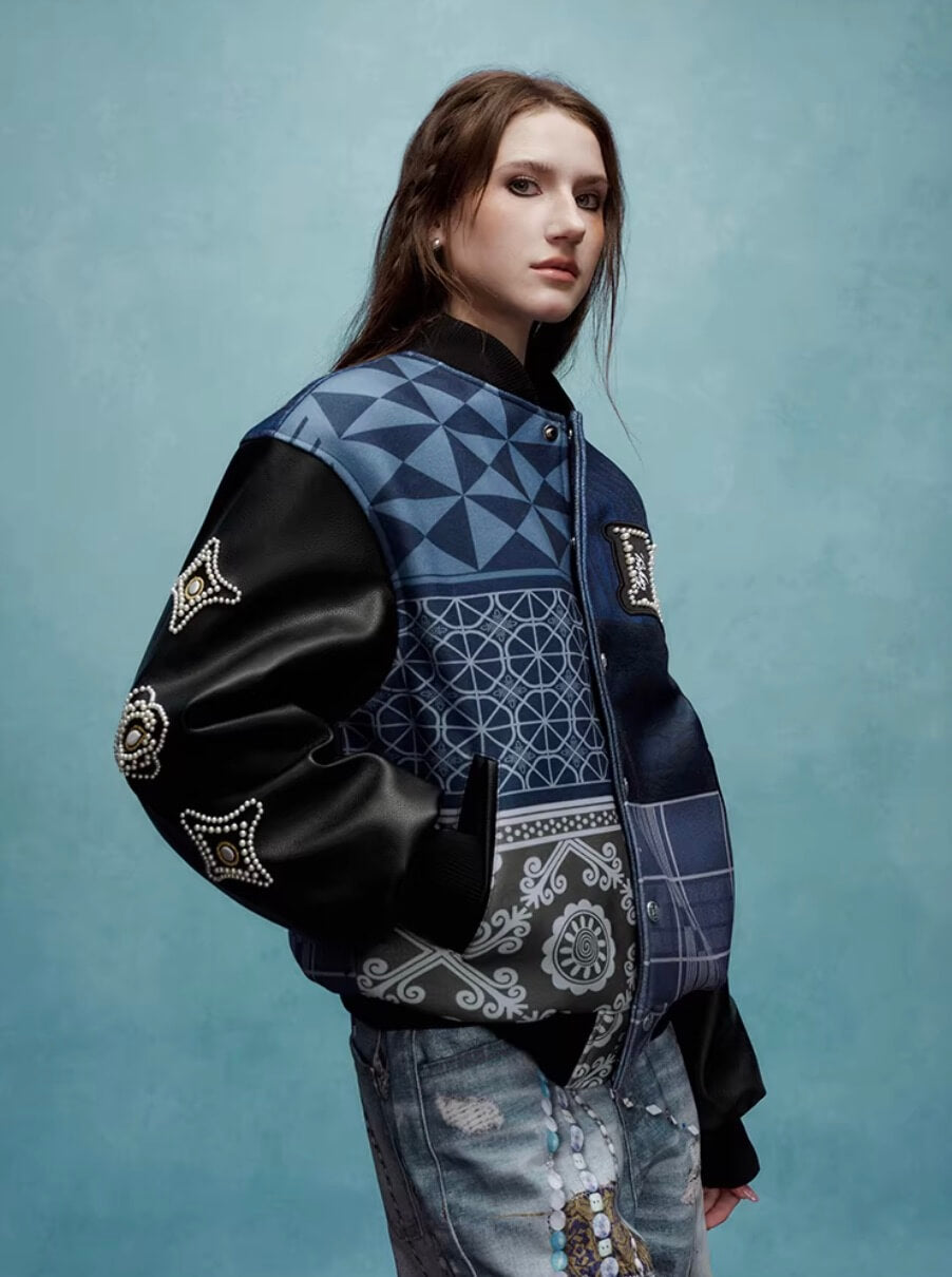 YADcrew x MEDM Patchwork Ethnic Pattern Varsity Jacket | Face 3 Face