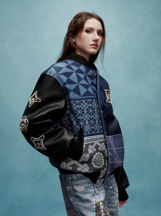 YADcrew x MEDM Patchwork Ethnic Pattern Varsity Jacket | Face 3 Face