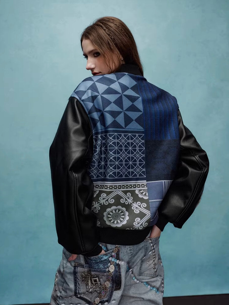 YADcrew x MEDM Patchwork Ethnic Pattern Varsity Jacket | Face 3 Face