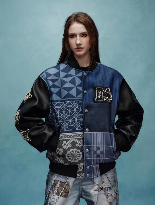YADcrew x MEDM Patchwork Ethnic Pattern Varsity Jacket | Face 3 Face