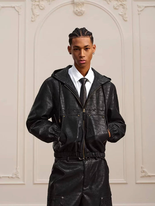 YADcrew Crackle Glitter PU Leather Hooded Jacket | Face 3 Face