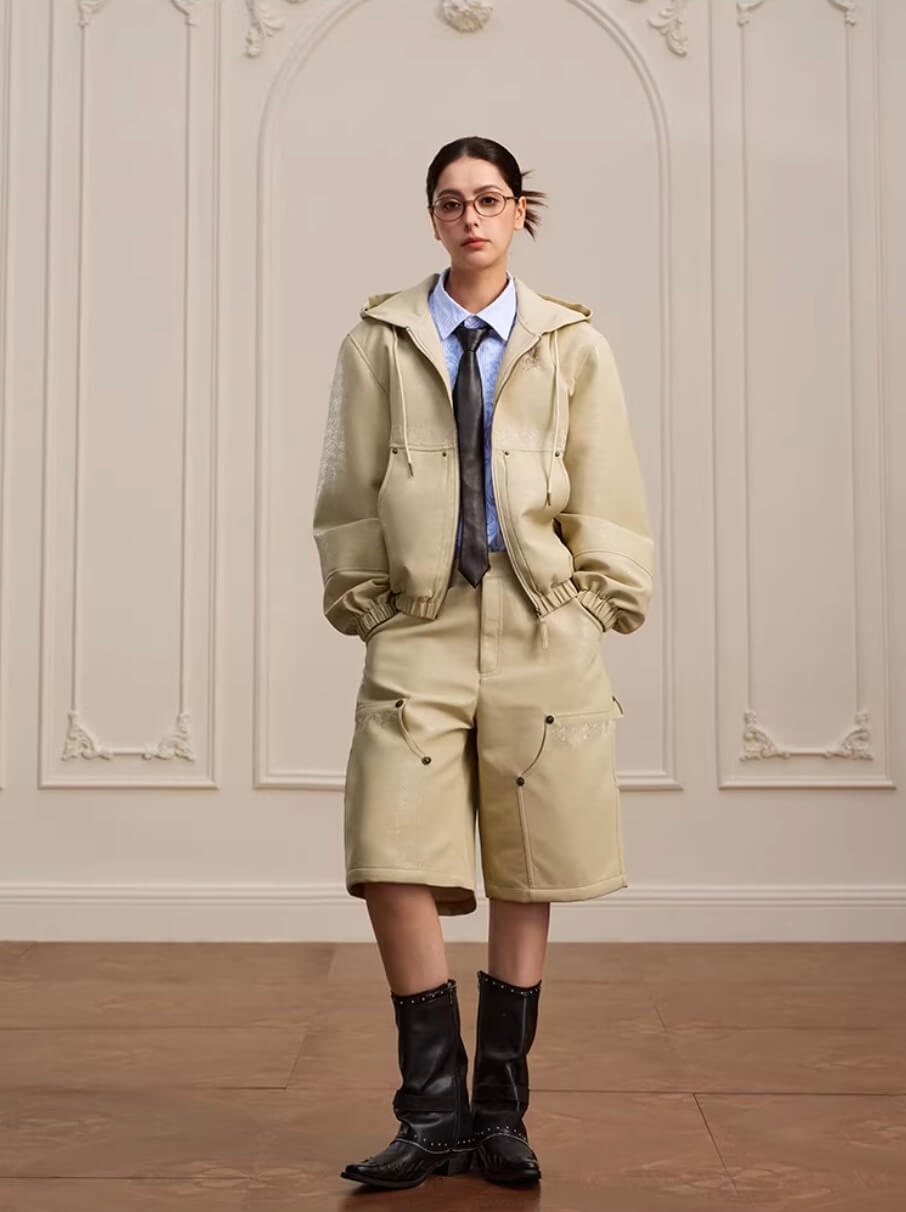 YADcrew Crackle Glitter PU Leather Hooded Jacket | Face 3 Face