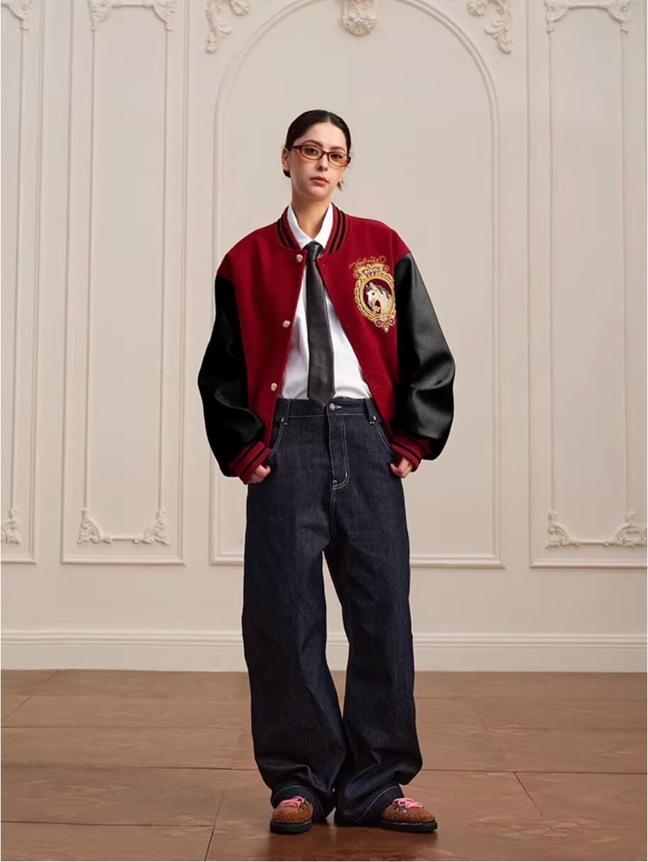 YADcrew Horse Sequin Pearl Embroidered Varsity Jacket | Face 3 Face