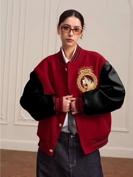 YADcrew Horse Sequin Pearl Embroidered Varsity Jacket | Face 3 Face
