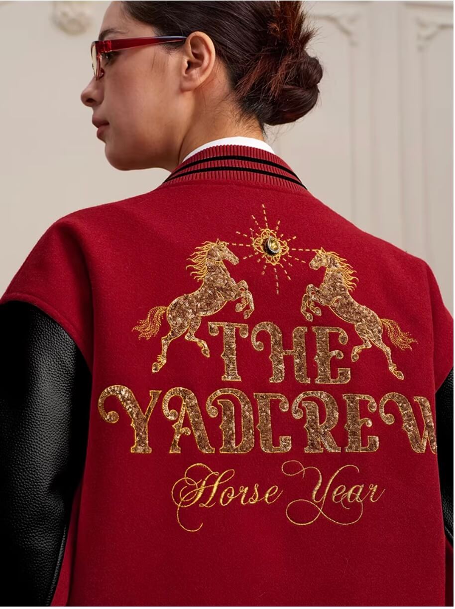 YADcrew Horse Sequin Pearl Embroidered Varsity Jacket | Face 3 Face