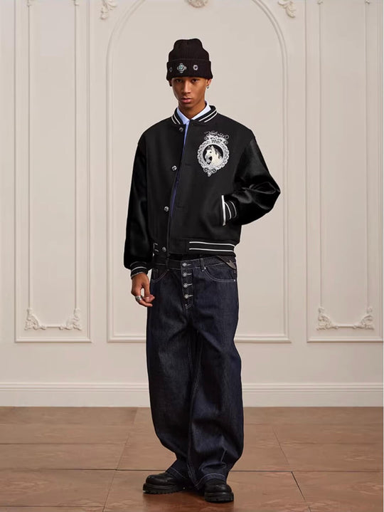 YADcrew Horse Sequin Pearl Embroidered Varsity Jacket | Face 3 Face