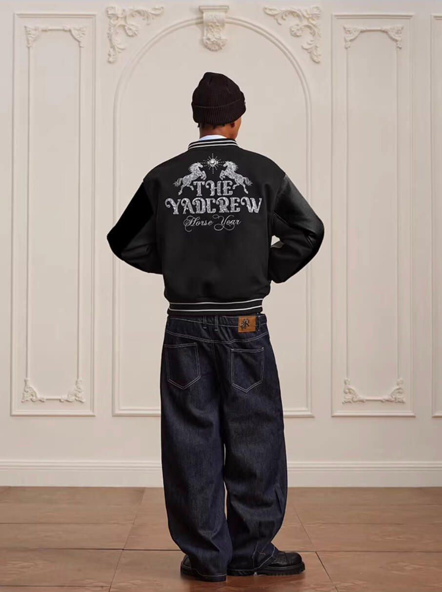 YADcrew Horse Sequin Pearl Embroidered Varsity Jacket | Face 3 Face