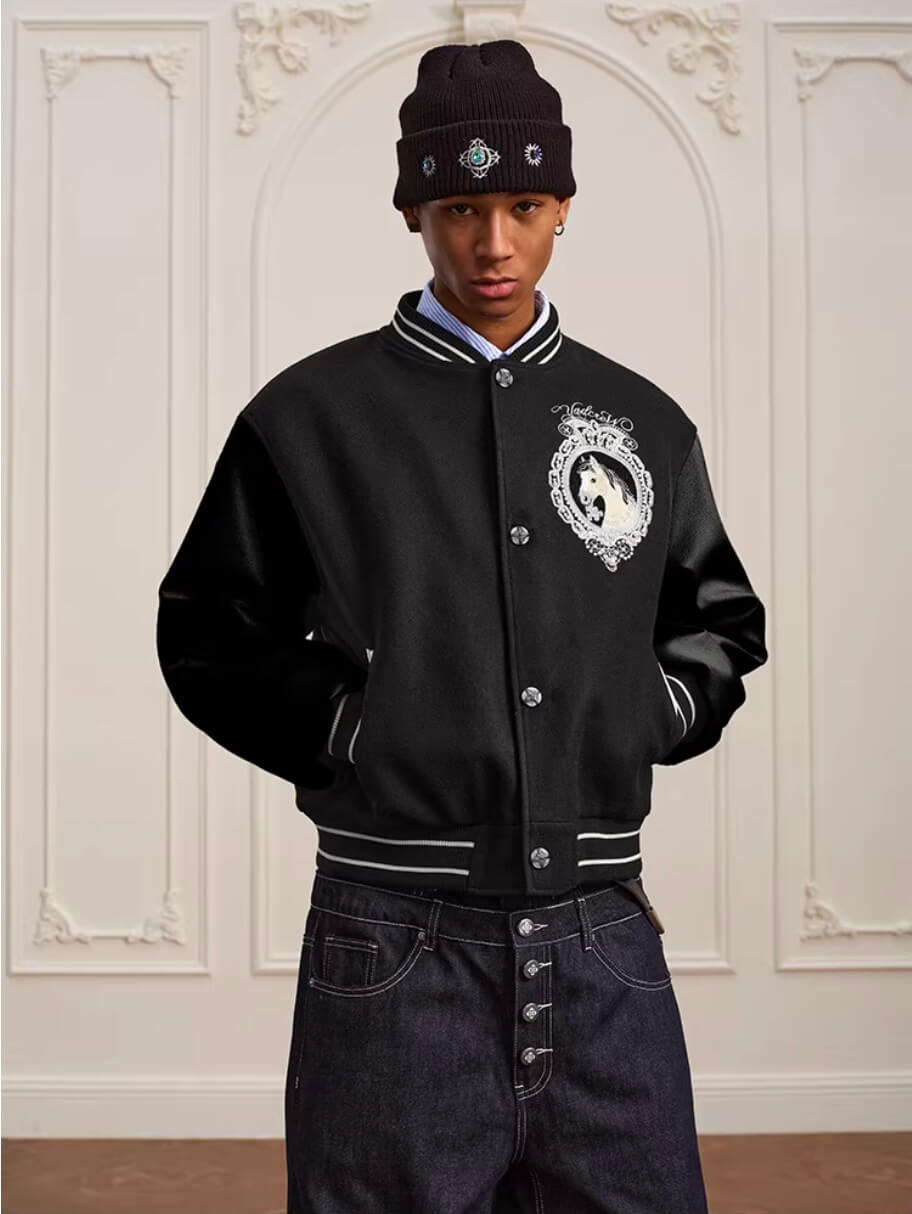 YADcrew Horse Sequin Pearl Embroidered Varsity Jacket | Face 3 Face