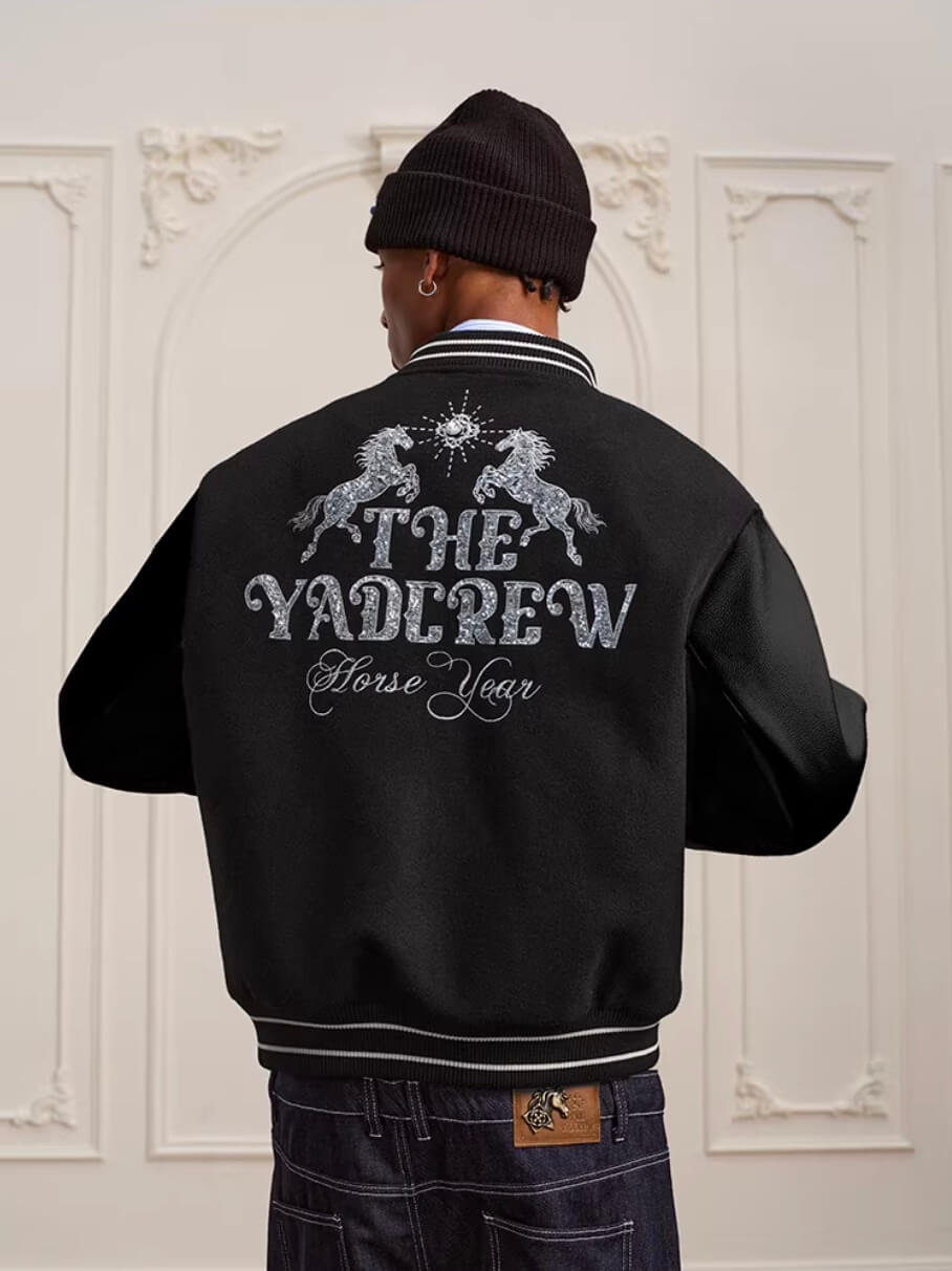 YADcrew Horse Sequin Pearl Embroidered Varsity Jacket | Face 3 Face