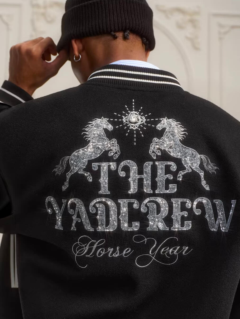 YADcrew Horse Sequin Pearl Embroidered Varsity Jacket | Face 3 Face