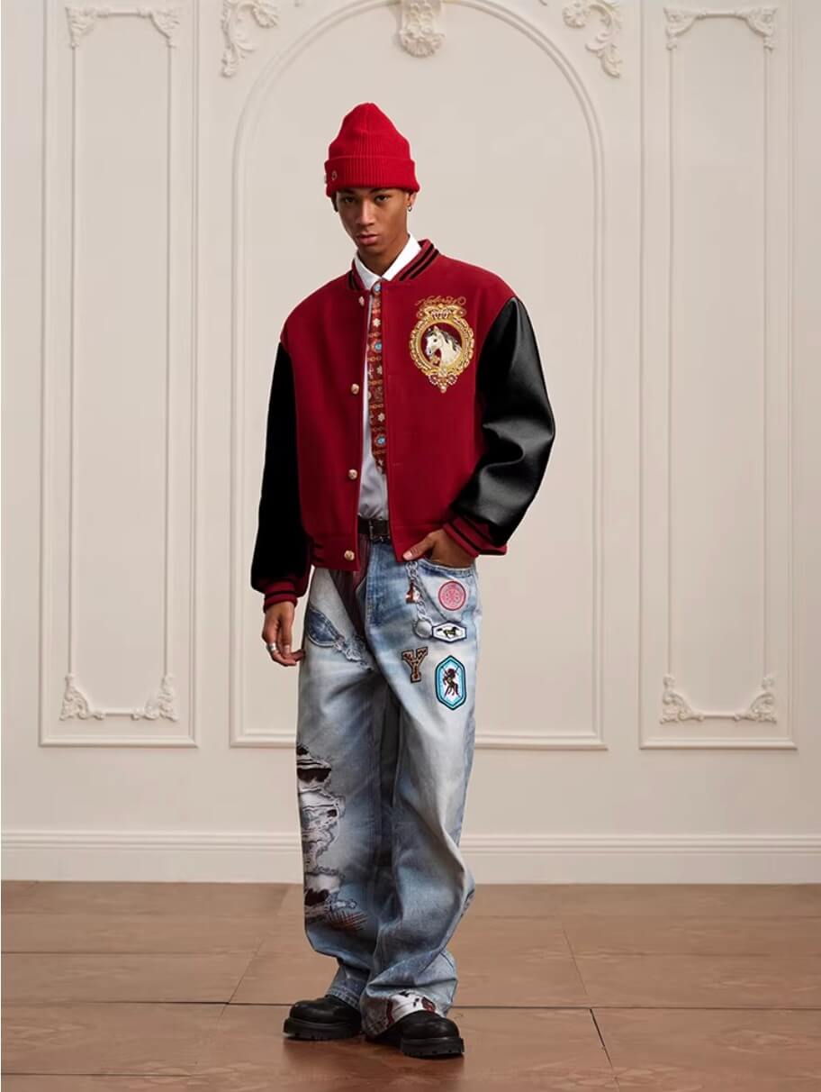 YADcrew Horse Sequin Pearl Embroidered Varsity Jacket | Face 3 Face