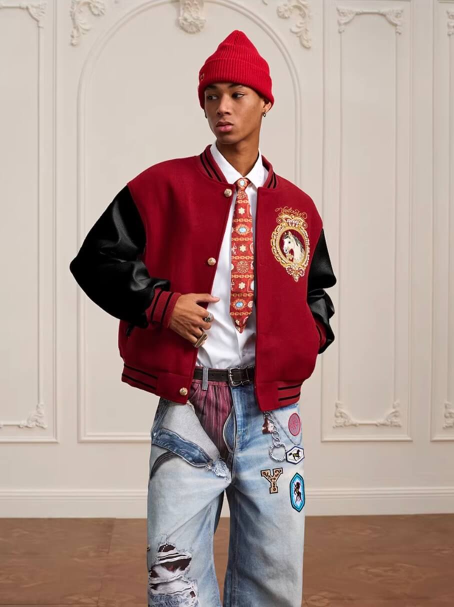 YADcrew Horse Sequin Pearl Embroidered Varsity Jacket | Face 3 Face