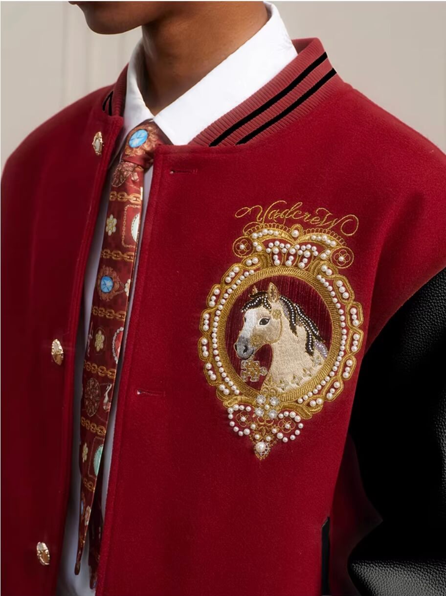 YADcrew Horse Sequin Pearl Embroidered Varsity Jacket | Face 3 Face