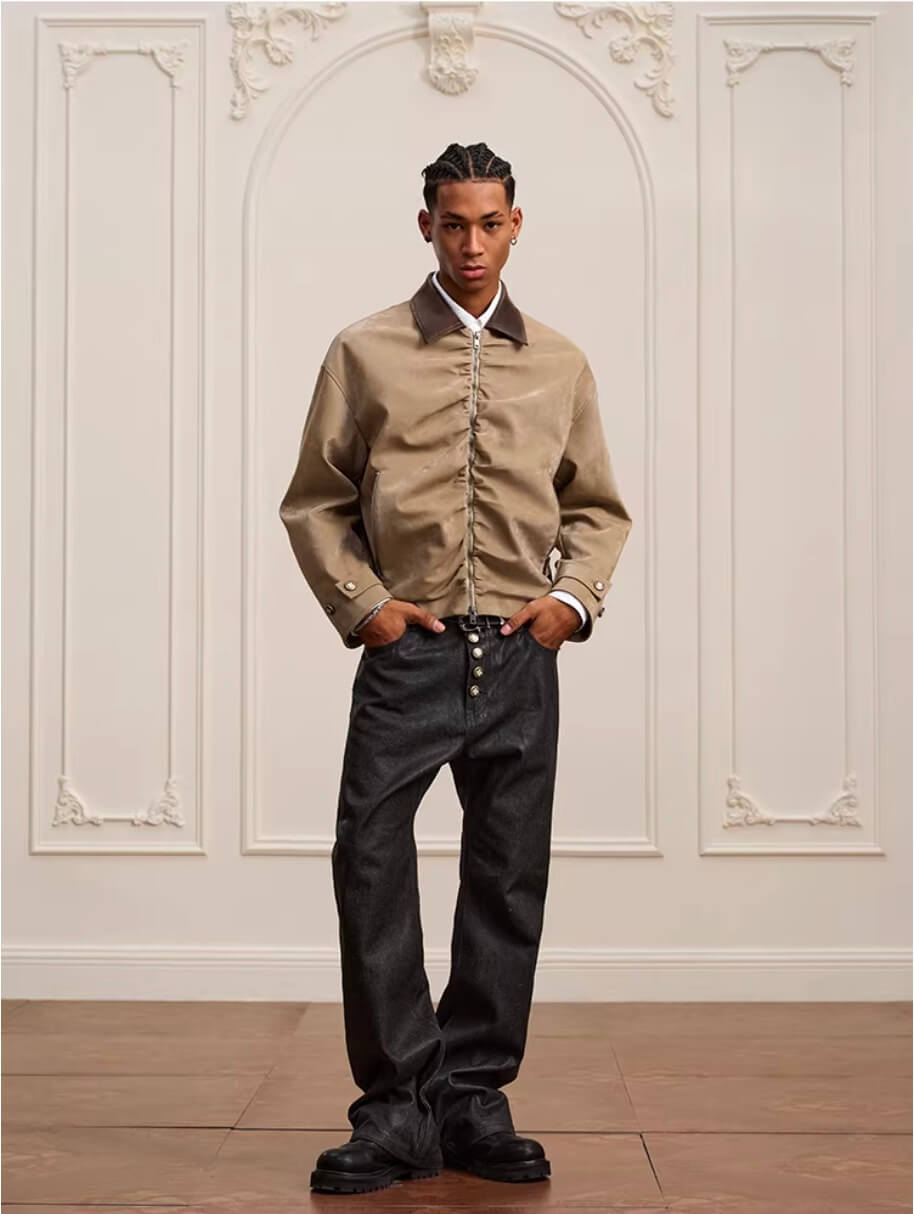 YADcrew Pleated Front Velvet PU Leather Jacket | Face 3 Face