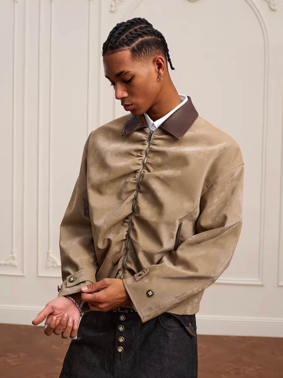 YADcrew Pleated Front Velvet PU Leather Jacket | Face 3 Face