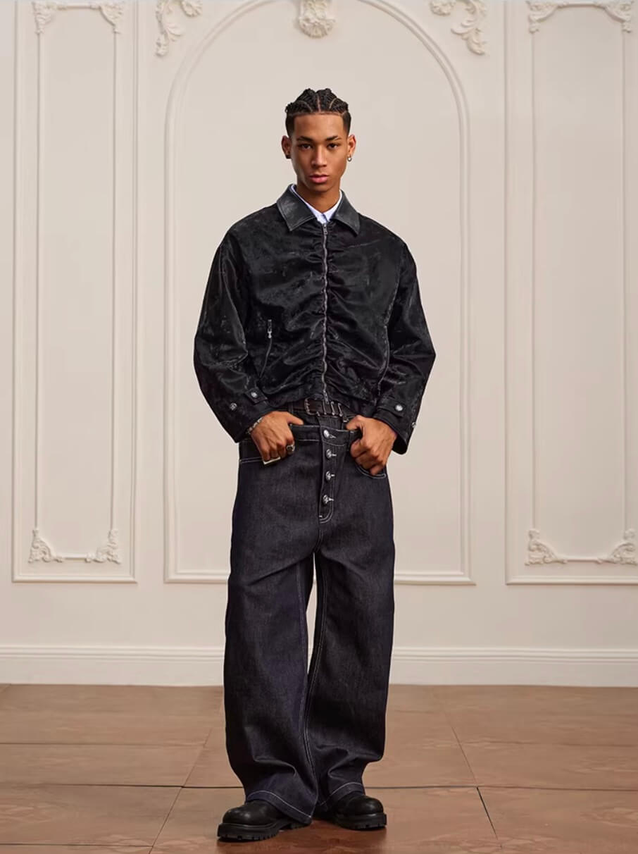 YADcrew Pleated Front Velvet PU Leather Jacket | Face 3 Face