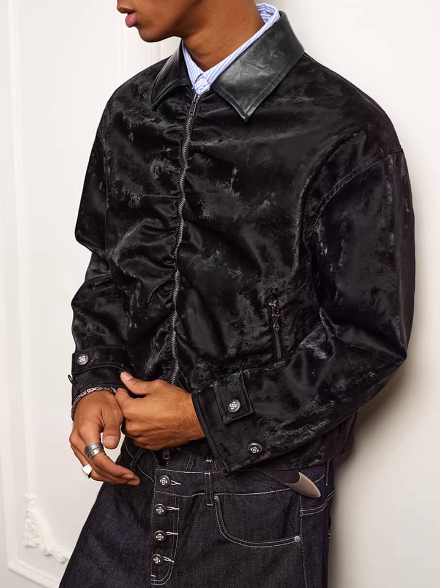 YADcrew Pleated Front Velvet PU Leather Jacket | Face 3 Face