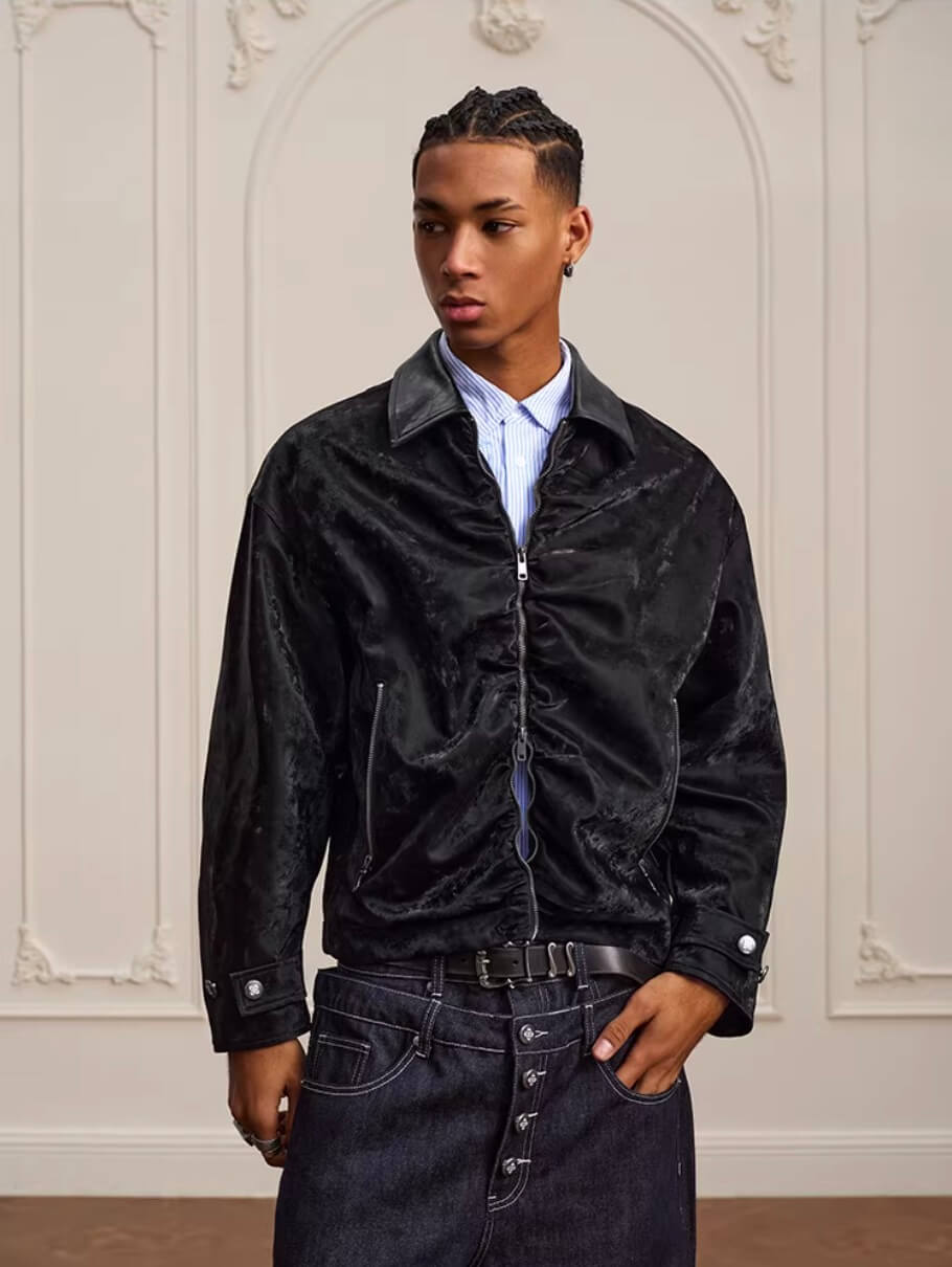 YADcrew Pleated Front Velvet PU Leather Jacket | Face 3 Face