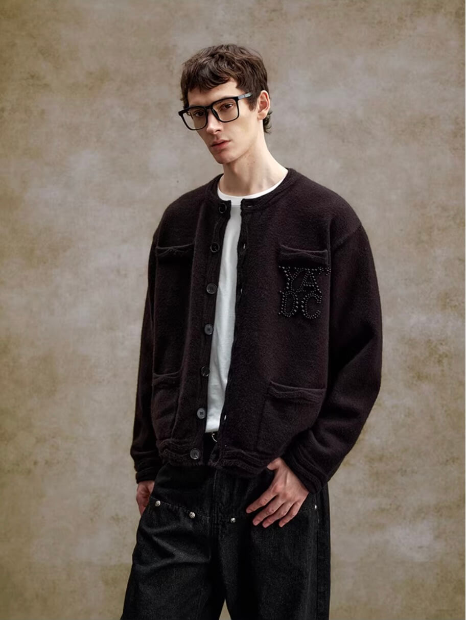 YADcrew Pearl Embellished Jacquard Knit Crew Neck Cardigan | Face 3 Face