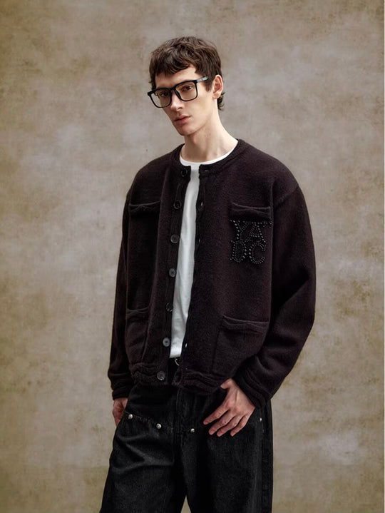 YADcrew Pearl Embellished Jacquard Knit Crew Neck Cardigan | Face 3 Face