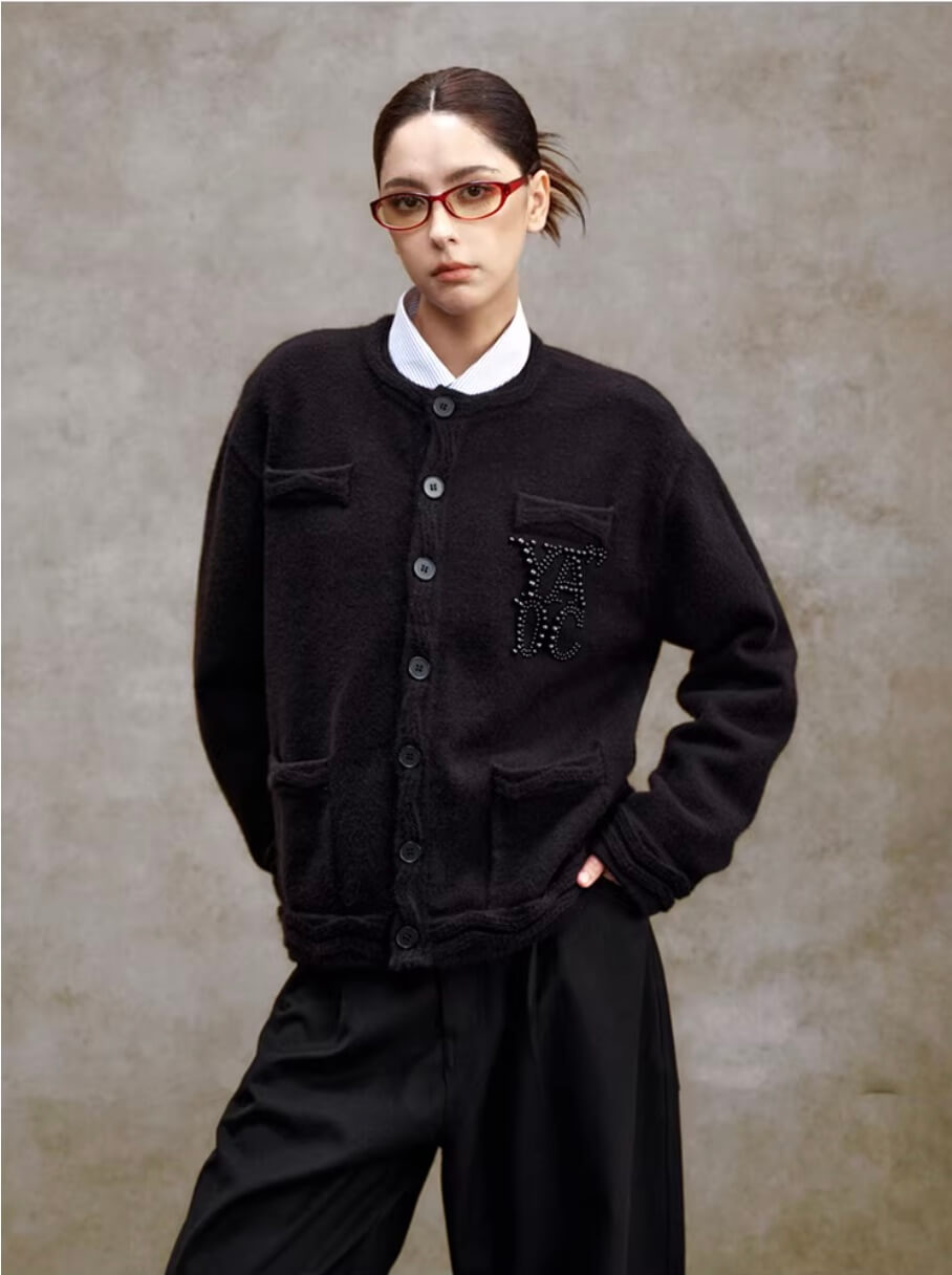 YADcrew Pearl Embellished Jacquard Knit Crew Neck Cardigan | Face 3 Face