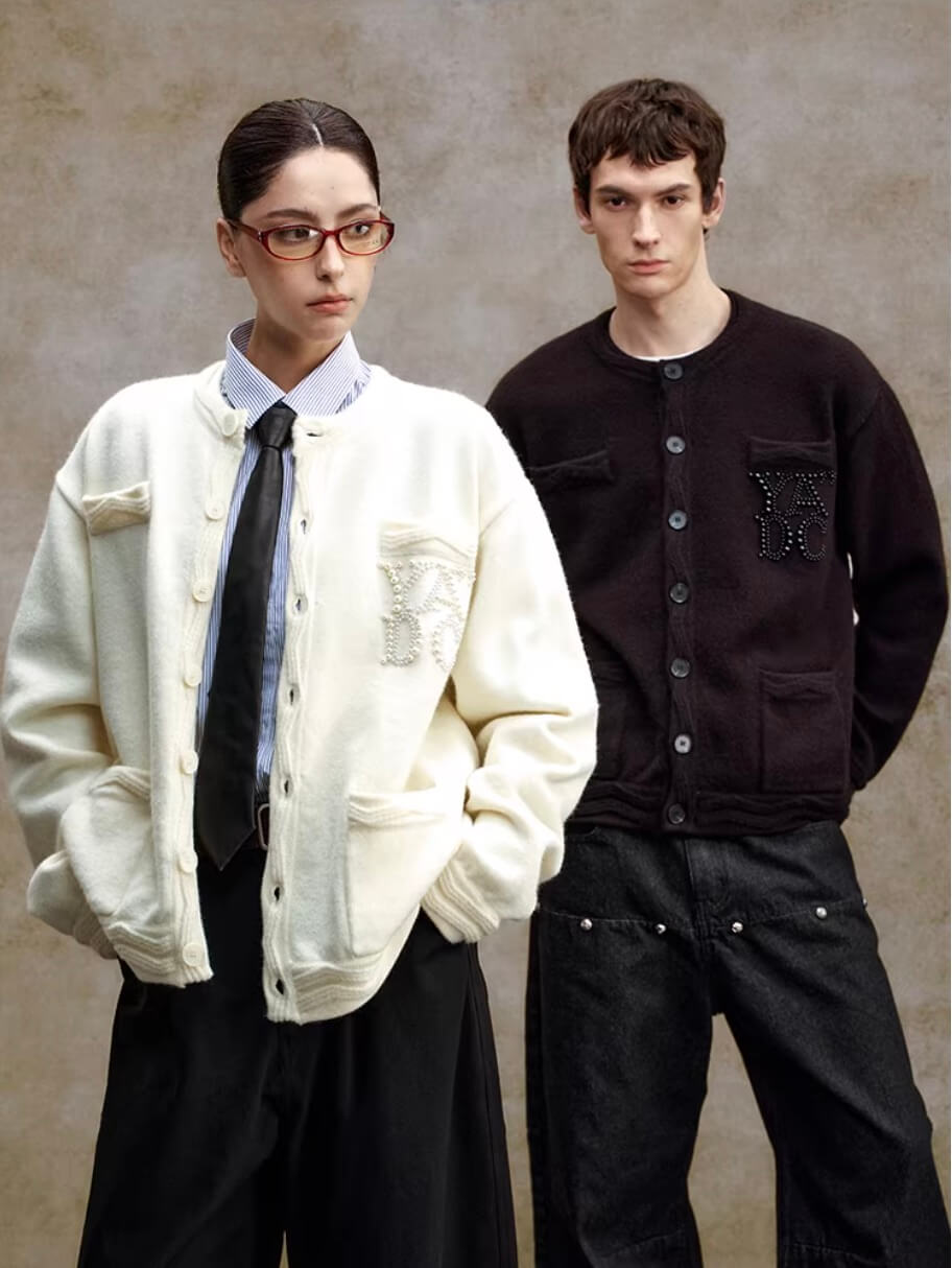 YADcrew Pearl Embellished Jacquard Knit Crew Neck Cardigan | Face 3 Face