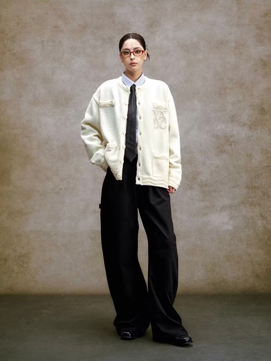 YADcrew Pearl Embellished Jacquard Knit Crew Neck Cardigan | Face 3 Face