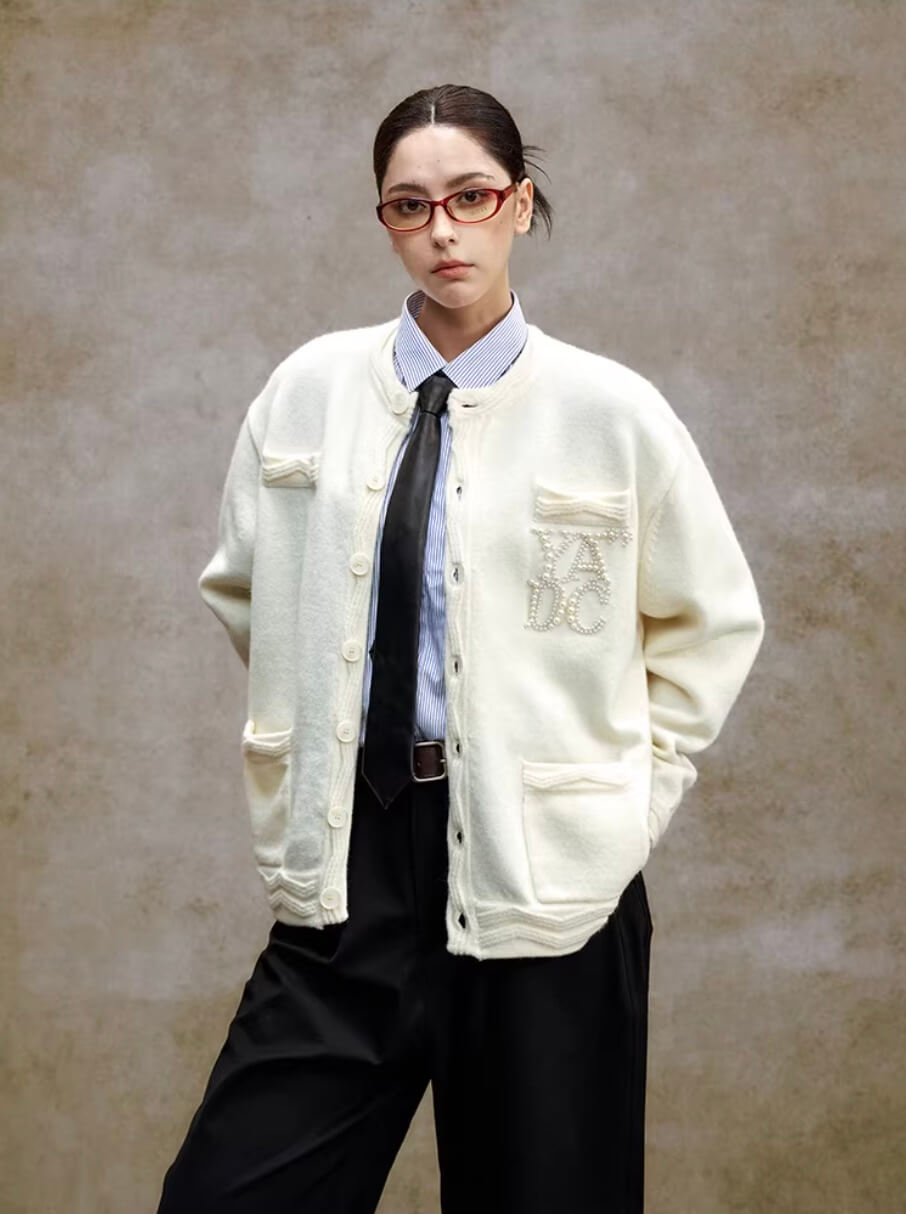 YADcrew Pearl Embellished Jacquard Knit Crew Neck Cardigan | Face 3 Face