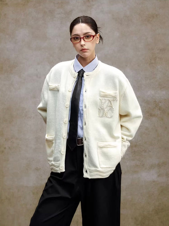 YADcrew Pearl Embellished Jacquard Knit Crew Neck Cardigan | Face 3 Face