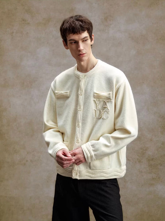 YADcrew Pearl Embellished Jacquard Knit Crew Neck Cardigan | Face 3 Face
