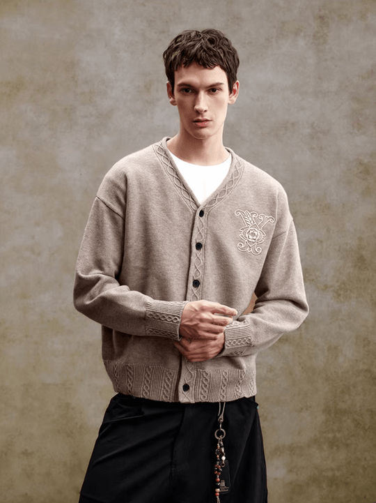 YADcrew Cable Rib V Neck Embroidered Knit Cardigan | Face 3 Face