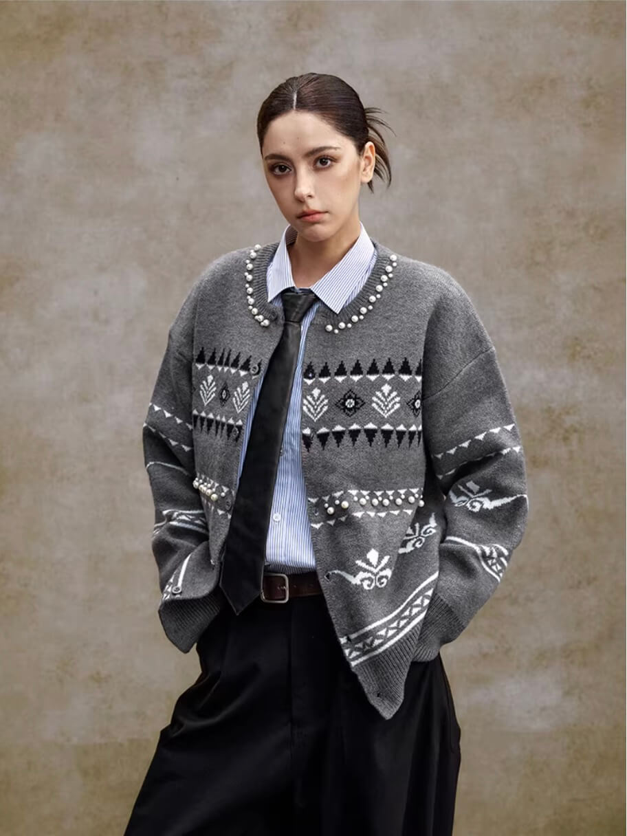 YADcrew Pearl Embellished Fair Isle Knit Crew Neck Cardigan | Face 3 Face
