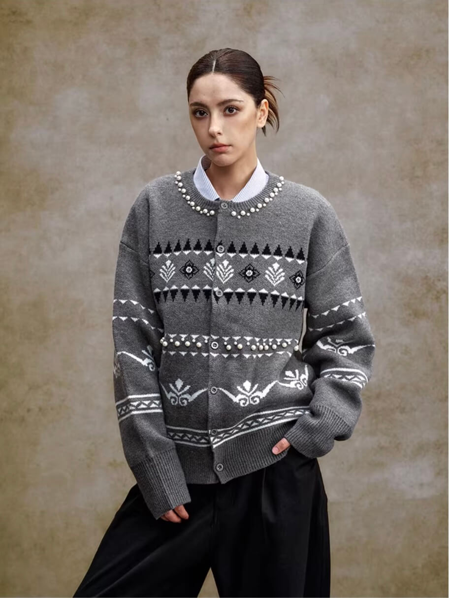 YADcrew Pearl Embellished Fair Isle Knit Crew Neck Cardigan | Face 3 Face