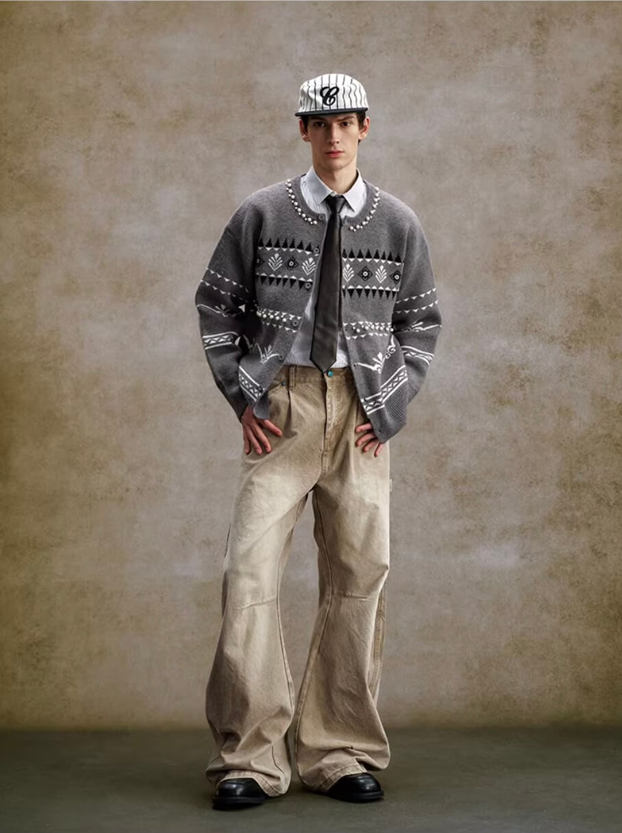 YADcrew Pearl Embellished Fair Isle Knit Crew Neck Cardigan | Face 3 Face