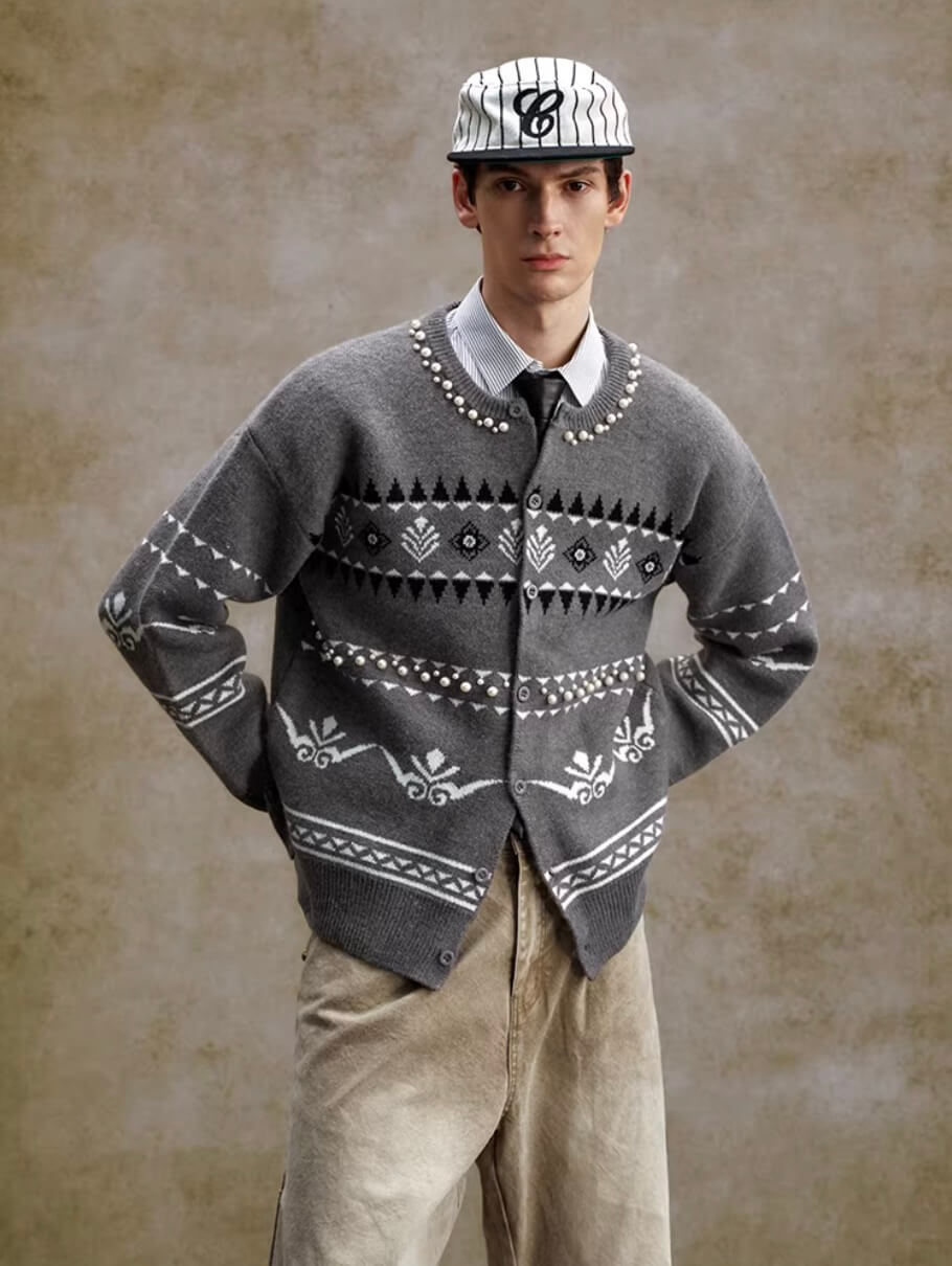 YADcrew Pearl Embellished Fair Isle Knit Crew Neck Cardigan | Face 3 Face