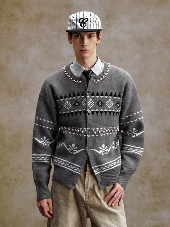 YADcrew Pearl Embellished Fair Isle Knit Crew Neck Cardigan | Face 3 Face
