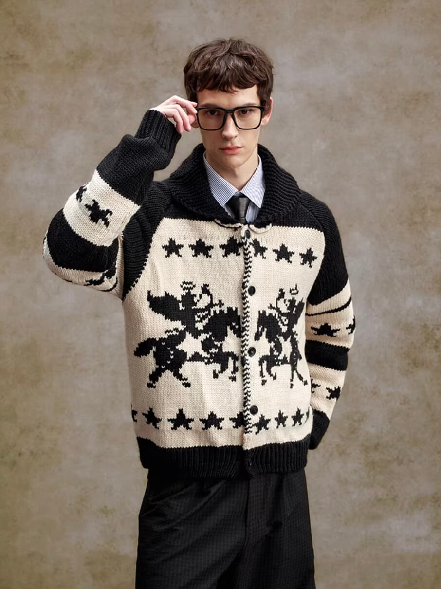 YADcrew Star Horse Angel Jacquard Knit Cowichan Cardigan | Face 3 Face