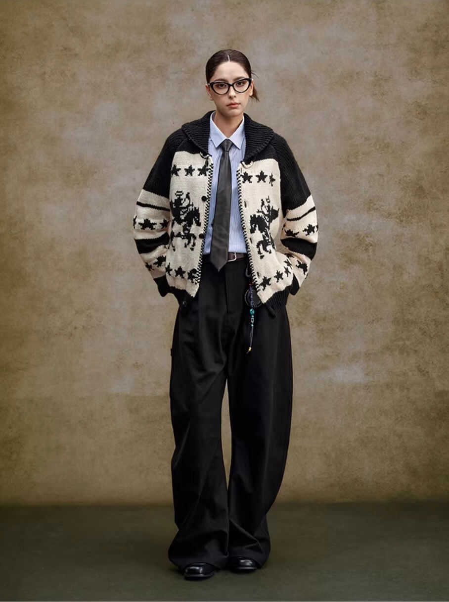 YADcrew Star Horse Angel Jacquard Knit Cowichan Cardigan | Face 3 Face