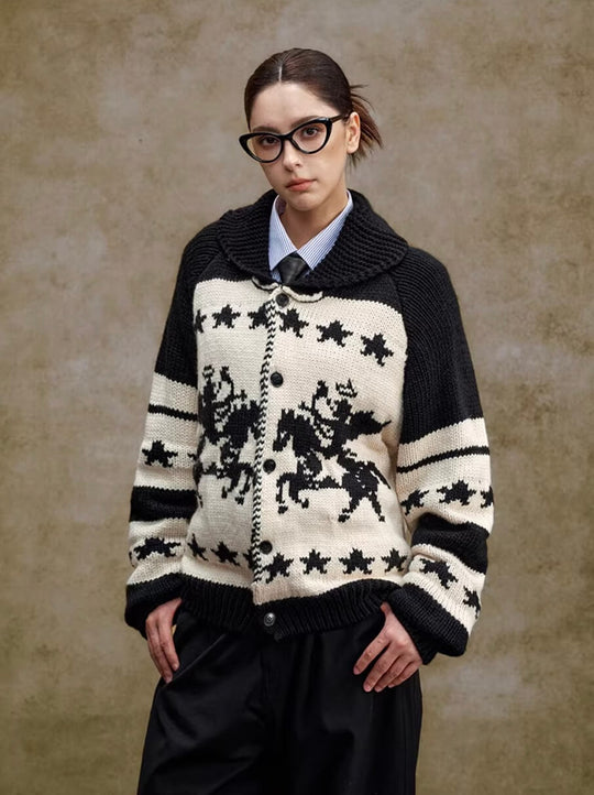 YADcrew Star Horse Angel Jacquard Knit Cowichan Cardigan | Face 3 Face