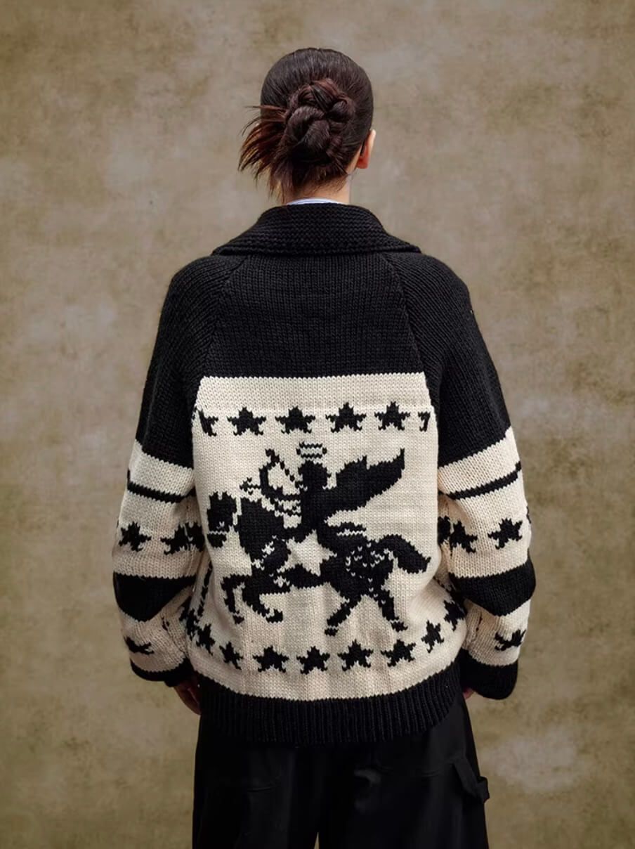 YADcrew Star Horse Angel Jacquard Knit Cowichan Cardigan | Face 3 Face