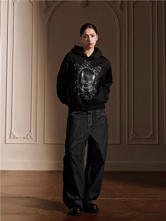 YADcrew Black Cat Print Pearl Hoodie | Face 3 Face