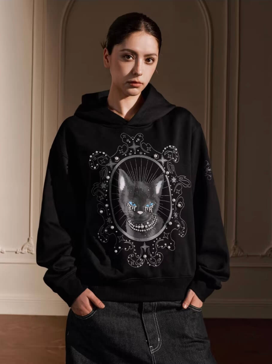 YADcrew Black Cat Print Pearl Hoodie | Face 3 Face